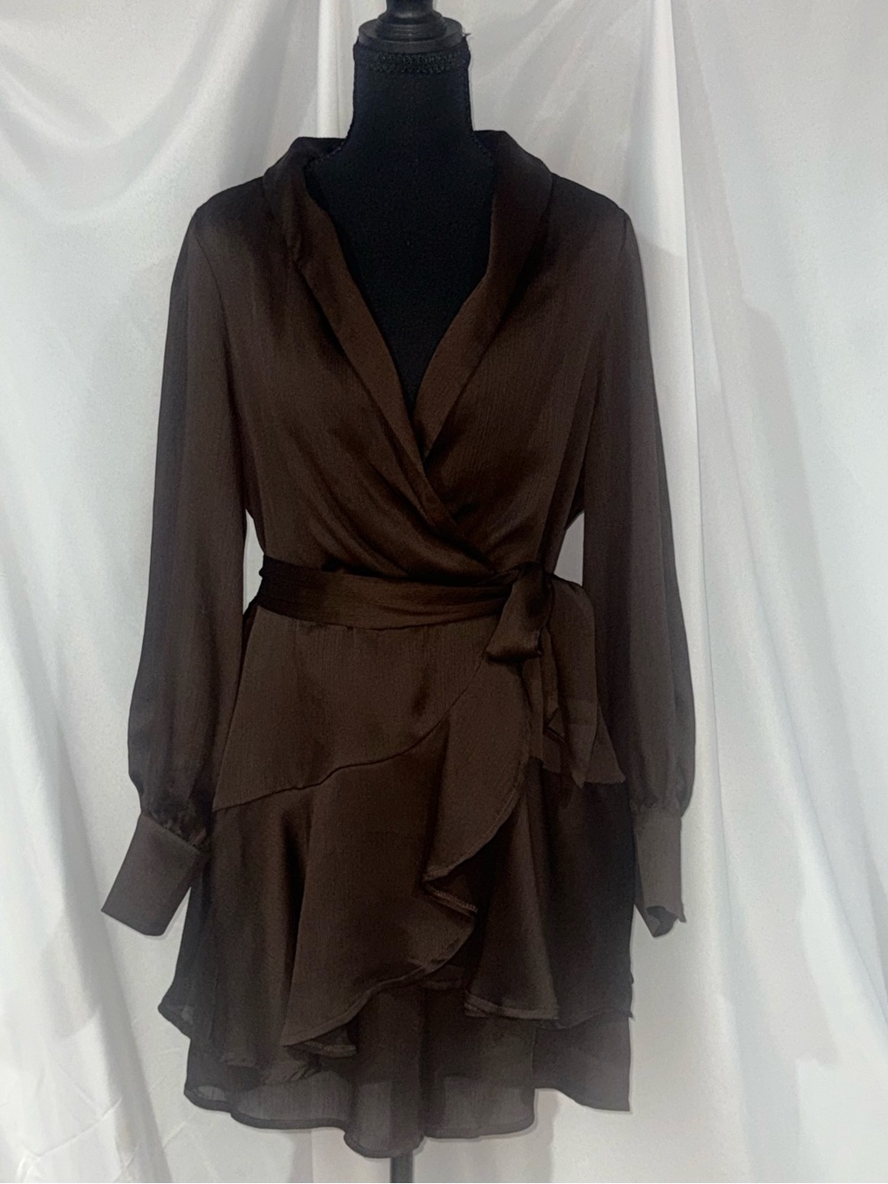 bebe Brown Wrap Ruffle Long-Sleeve Romper Dress - Picture 2 of 12